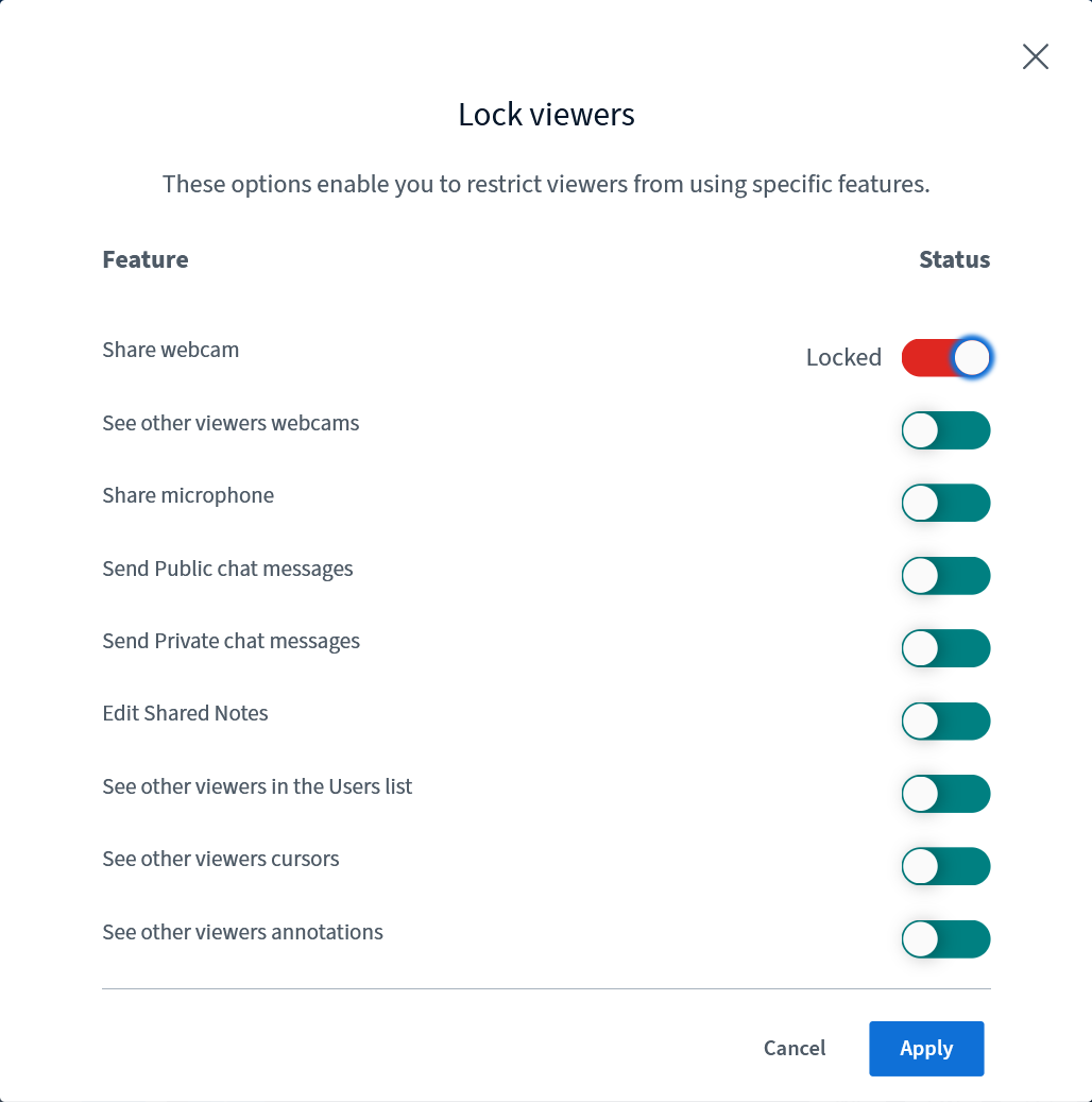 Tutor controls for a student’s webcam, microphone, chat, notes, and whiteboard access