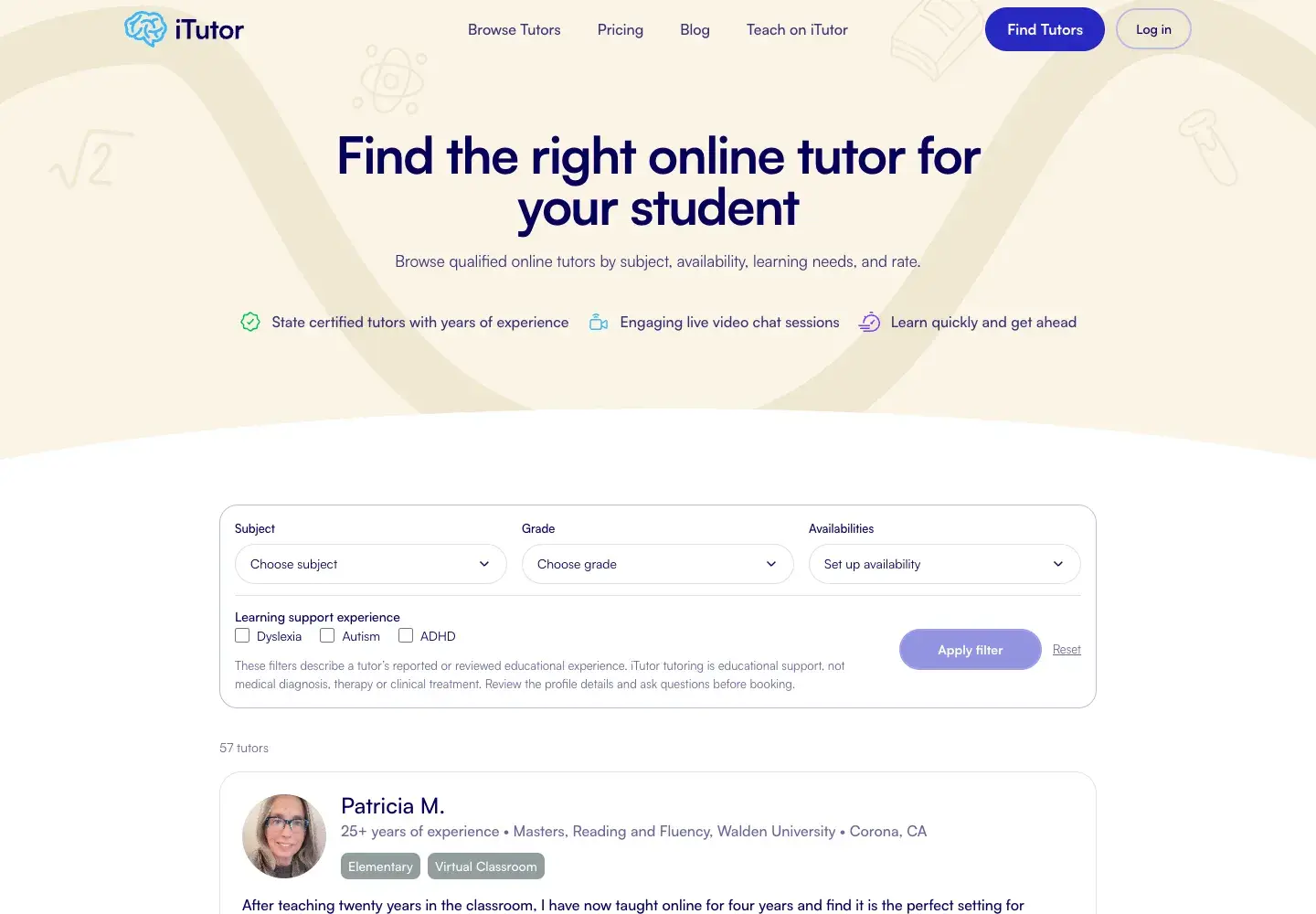 The iTutor tutor directory with subject, grade, availability, and learning support filters
